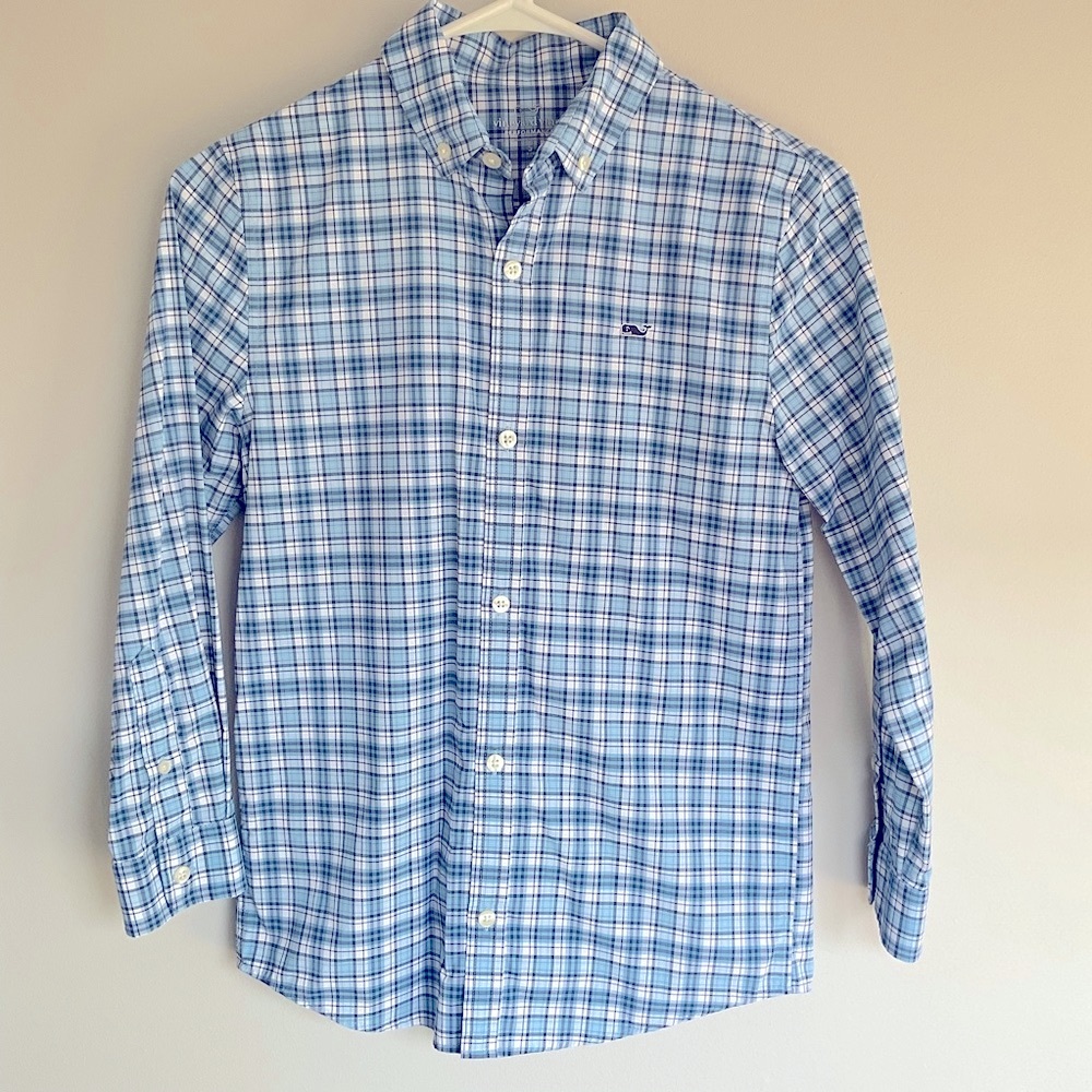 Vineyard Vines Boys Long Sleeve Button Down Shirt Blue Plaid SZ Small 8-10